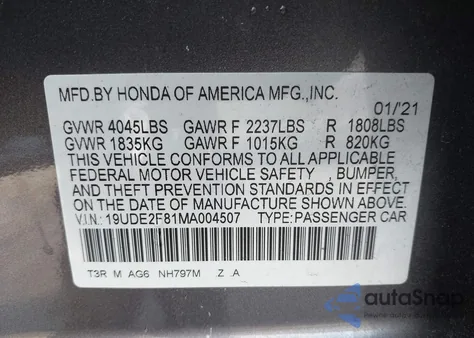 2021 Acura Ilx Premium A-Spec Packages/Technology A-Spec Packages from USA, damaged, VIN 19UDE2F81MA004507